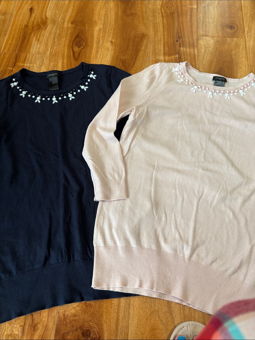 Ann Taylor Embellished Crewneck Sweater - Pink and Navy